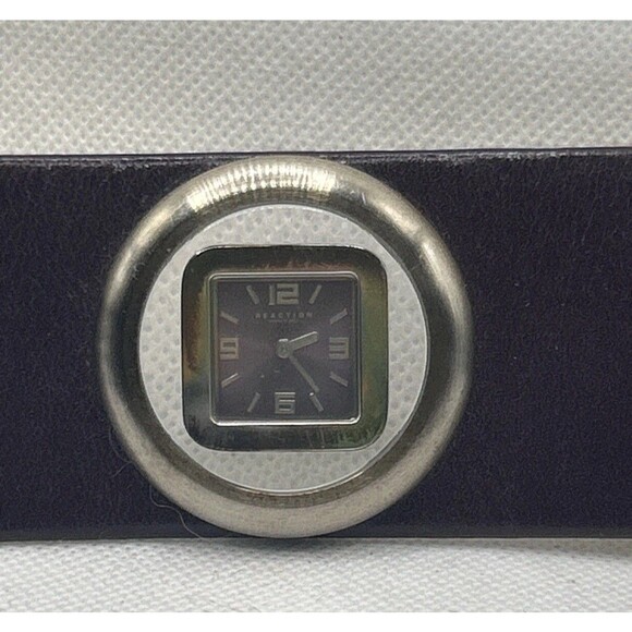 Kenneth Cole Reaction Digital Square Silver Tone Burgundy Leather Wide Band - Picture 2 of 6